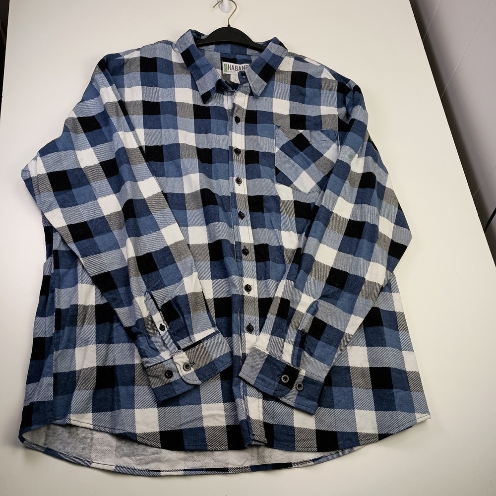 Haband Mens Blue Buffalo Plaid Flannel Button Down Shirt 3X Long Sleeve